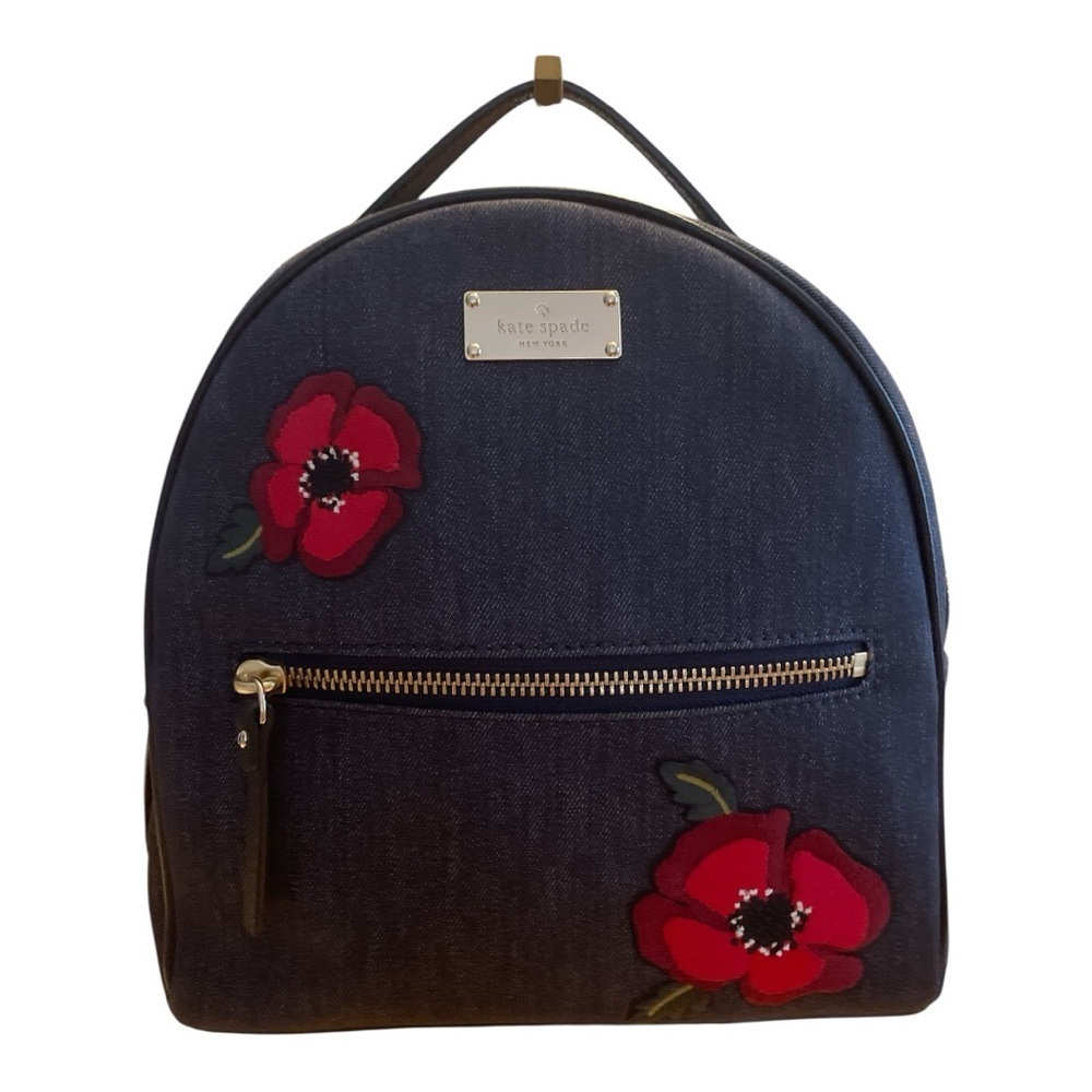 kate spade navy denim backpack with red floral appliqué